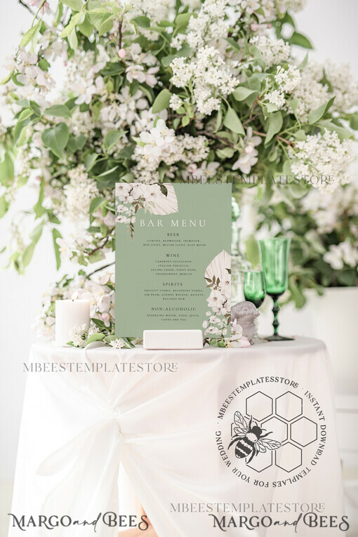 TEMPLETT wedding stationery Sage Green drink bar menu template, Drinks Signs editable, Instant download Modern Table Signs Garden Drink Bar Menu Sign  Printable, WSpr3