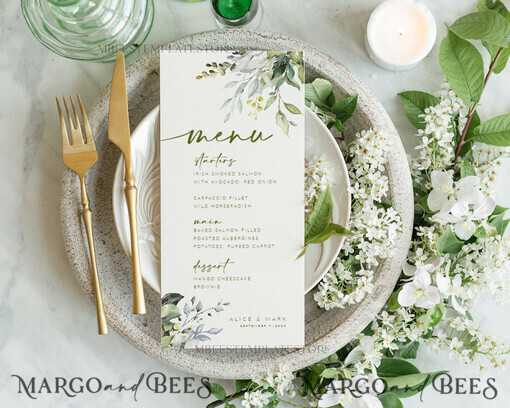 TEMPLETT wedding stationery Green wedding menu template, dinner menus editable, Instant download Modern wedding menus, Garden wedding menu  Printable, WGreen4