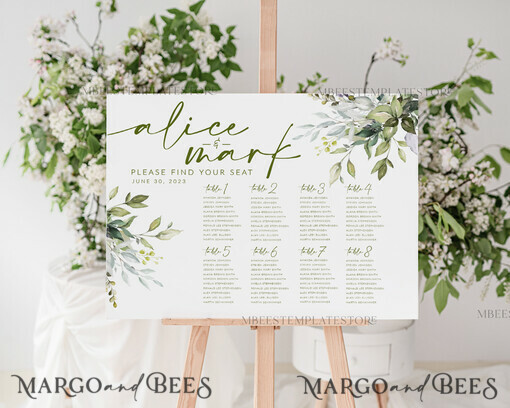 TEMPLETT wedding signs Greenery wedding welcome sign template, Wedding Seating Chart Template, Printable Seating Chart Wedding, Chart Sign Poster, WGreen4