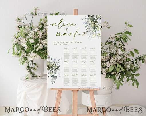 TEMPLETT wedding signs Greenery wedding welcome sign template, Wedding Seating Chart Template, Printable Seating Chart Wedding, Chart Sign Poster, WGreen4