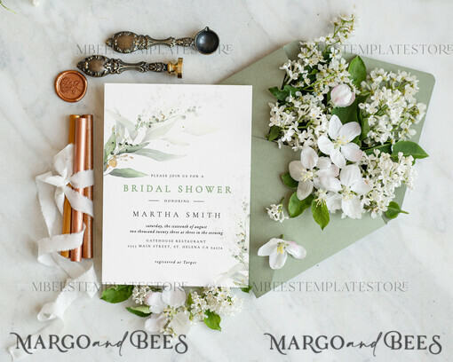 TEMPLETT bridal shower Sage Green bridal shower invitation template, Instant download Greenery bridal shower Invites, Modern Garden bridal shower Invitations Set Printable