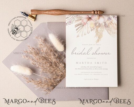 TEMPLETT bridal shower Pampas bridal shower invitation template,Instant download Greenery bridal shower Invites, Modern Garden bridal Invites Printable WPam5