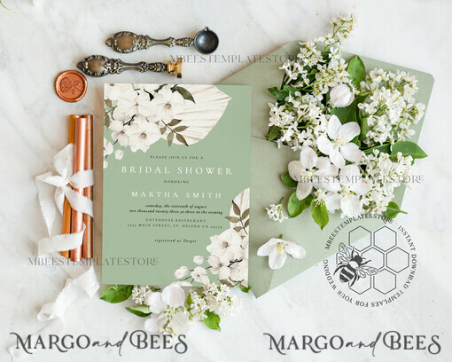 TEMPLETT bridal shower Sage Green bridal shower invitation template,Instant download Greenery bridal shower Invites, Elegant Garden bridal  Invites Printable WSpr3