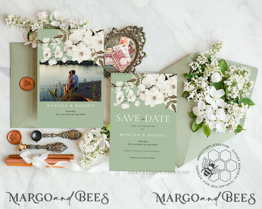 TEMPLETT save the date Sage Green save the date card template, Instant download Greenery save the date card, Modern Garden save the date cards Set Printable WSpr3