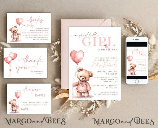 TEMPLETT baby shower blush pink Teddy Bear Baby Girl Shower Invitation Template Set sweel little girl on her way Diapper Raffle Books Arch Instant Download Blush Pink editable invite