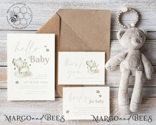 TEMPLETT baby shower Elephant Baby Shower Invitation Template download, Simple Baby Shower Boy Invitations Set,  Printable Invites Set Home Printing Boho Cards