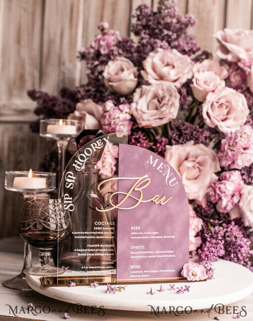 TABLE DECOR SIGNS Velvet table Numbers and Decor Mauve Velvet Bar Menu, Acrylic Half Arch Table List of drinks, Acrylic Dusty Rose Drinks combo, Purple Golden Velvet Table Sign with stand MvS