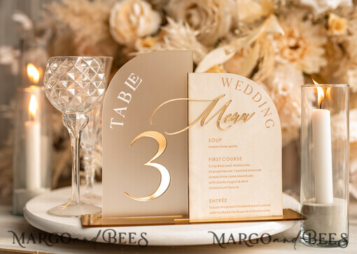TABLE DECOR SIGNS Velvet table Numbers and Decor Acrylic Arch Table Number & dinner menu Combo, Frozen Ivory Acrylic gold Sign, Gold Frosted Plexi Velvet Table Numbers & Menu Combo Luxury Wedding Table Decor, Wedding Signage Golden mirror table numbers & Menu