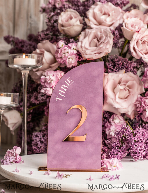 TABLE DECOR SIGNS Velvet table Numbers and Decor Mauve Velvet Table Number, Gold Acrylic Half Arch Table Sign, Dusty Rose Velvet Wedding Table Number with stand, Gold Plexi  Purple Table numbers MvS