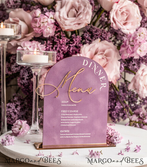 TABLE DECOR SIGNS Velvet table Numbers and Decor Acrylic & Velvet Arch Dinner Menu, gold Plexi Mauve Wedding Menu Sign with Stand, Dusty Rose Plexi Table Dinner Menu Luxury Purple Wedding Table Decor