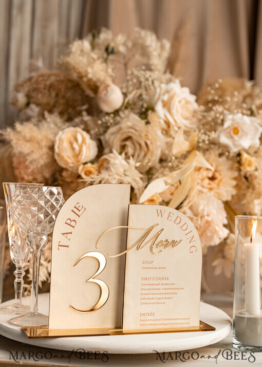 TABLE DECOR SIGNS Velvet table Numbers and Decor Acrylic Arch Table Number & dinner menu Combo, Velvet Ivory Acrylic gold Sign, Gold Ivory Plexi Velvet Table Numbers & Menu Combo Luxury Wedding Table Decor, Wedding Signage Golden mirror table numbers & Menu