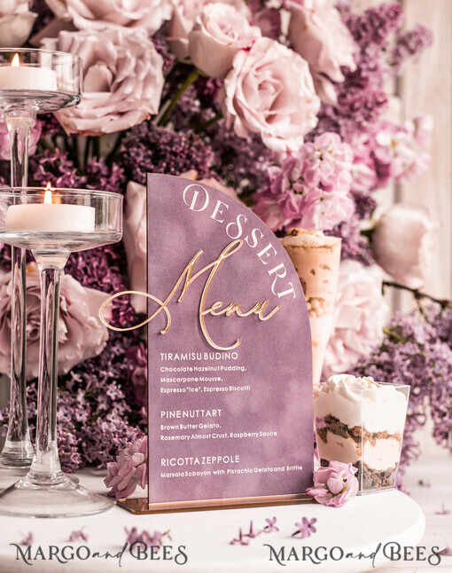 TABLE DECOR SIGNS Velvet table Numbers and Decor Mauve Velvet Arch Dessert menu, Dusty Rose Candy Sign, Gold Purple Plexi Table Arch Cake Bar Menu, Luxury Acrylic Wedding Table Decor, Wedding Signage Golden Lillac