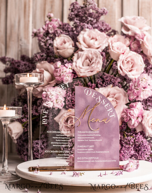 TABLE DECOR SIGNS Velvet table Numbers and Decor Mauve Velvet and Clear Acryl Dessert Menu, Acrylic Half Arch Table Sign and Acrylic Velvet combo, Mauve Velvet Sign, Luxury Wedding Table Sign, MvS