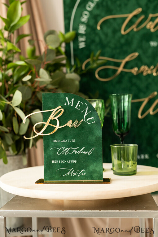 TABLE DECOR SIGNS Velvet table Numbers and Decor Green Velvet Arch Bar Menu , green Velvet and gold Sign, Gold Plexi card box sign, Luxury Wedding Table Decor, Wedding Signage Golden mirror cards sign