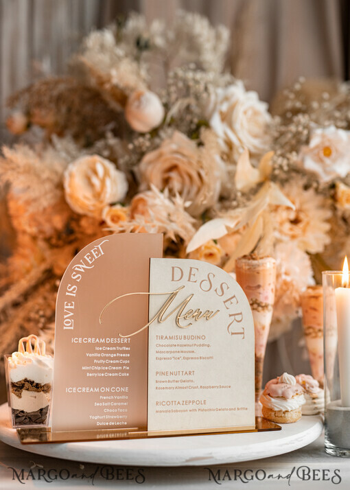 TABLE DECOR SIGNS Velvet table Numbers and Decor Acrylic Arch Dessert Menu, Ivory Frozen Acrylic gold Candy Bar Sign, Gold Plexi Table Dessert Menu Menu Combo Luxury Wedding Table Decor, Wedding Signage Golden