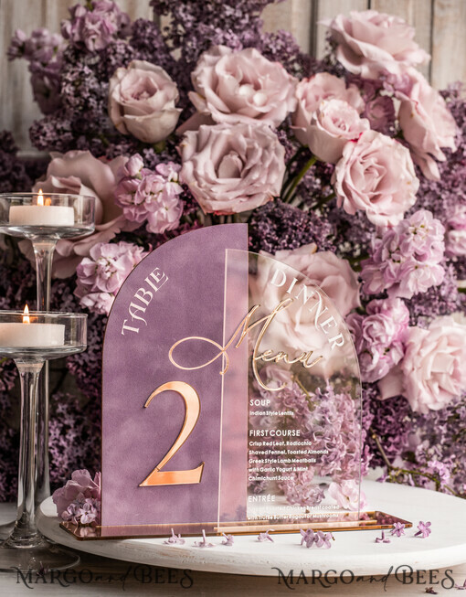 TABLE DECOR SIGNS Velvet table Numbers and Decor Mauve Acrylic Arched Table Numbers & Menu Set, Clear Acrylic & Dusty Rose Velvet Sign, Gold Table Numbers And Menu Combo, Purple golden Velvet Table Numbers