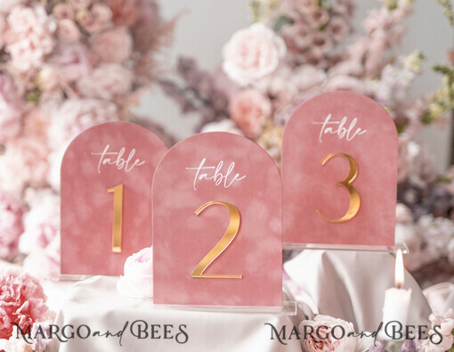 TABLE DECOR SIGNS Velvet table Numbers and Decor Arch Table Number, Luxury Blush Pink Velvet Arched Table numbers with acrylic stand, blush pink and Gold Wedding Table Decor, 3D Golden Letters, Wedding signage