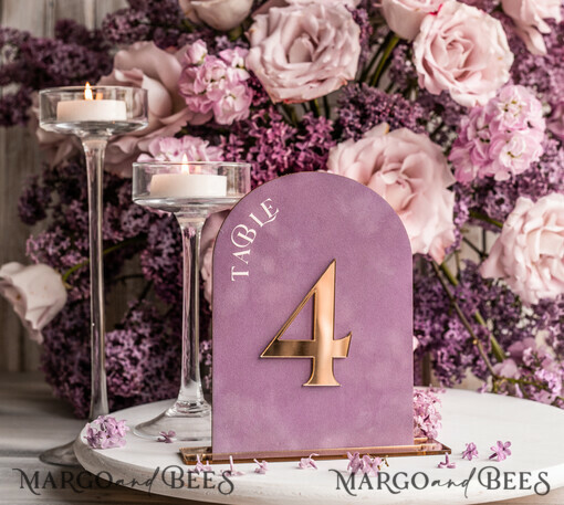 TABLE DECOR SIGNS Velvet table Numbers and Decor Mauve Acrylic Arch Table Number, Dusty Rose Velvet Table Sign, Gold Plexi Velvet Table Numbers in Dusty Blue, Purple Wedding Table Number with stand 