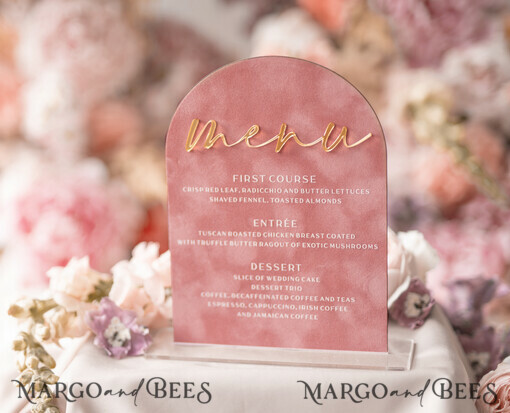 MENU & PROGRAMS velvet/gold Luxury Velvet Arch Menu with stand, blush pink and Gold Mirror Wedding Table Decor, Menu 3D Golden Letters and White Lettering, Pink menu with base, personalized wedding detail, glamour party decor