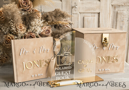  CARD BOXES velvet card boxes Beige gold Velvet Set Card Box with lock & Polaroid Guestbook & Cards gifts Sign instax instruction sign combo and pens set, fall Wedding Card Box with Lid Instant Instax Guestbook Wedding Money Box Sing Guestbook Set