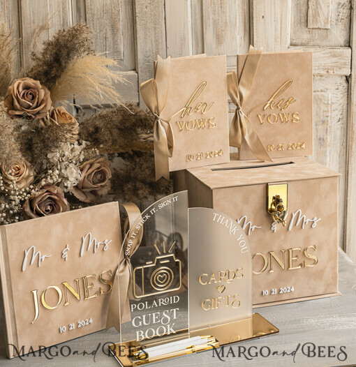  CARD BOXES velvet card boxes Beige gold Velvet Set Card Box with lock & Polaroid Guestbook & Cards gifts Sign instax instruction sign combo and pens set, fall Wedding Card Box with Lid Instant Instax Guestbook Wedding Money Box Sing Guestbook Set