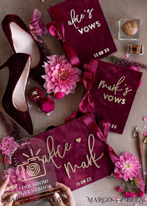 WEDDING GUEST BOOKS Bundle Gustbooks & Vows set Personalised Wedding Maroon Guest Book & Custom Made Wedding Burgundy Velvet Vows set of two - Bundle Golden guestbook and vows books 