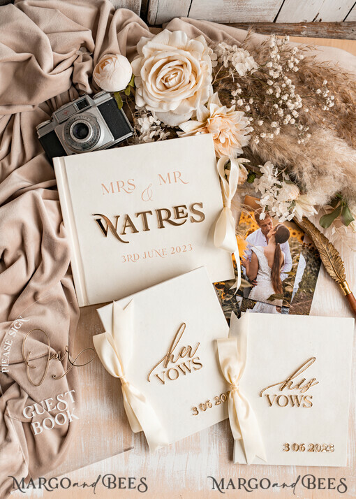 WEDDING GUEST BOOKS Bundle Gustbooks & Vows set Ivory Golden Bundle Personalised  Wedding Guest Book & Custom Made Wedding Vows set of two - Bundle guestbook and vows books 