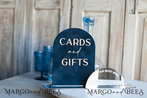 TABLE DECOR SIGNS Guestbook & Cards Gifts Signs Navy Blue Silver Acrylic gifts & cards signs with stand, Dark Blue Velvet and Siler Mirror guestbook Sign, Mirror Plexi gifts & cards signs, Luxury Wedding guestbook Decor Centerpieces