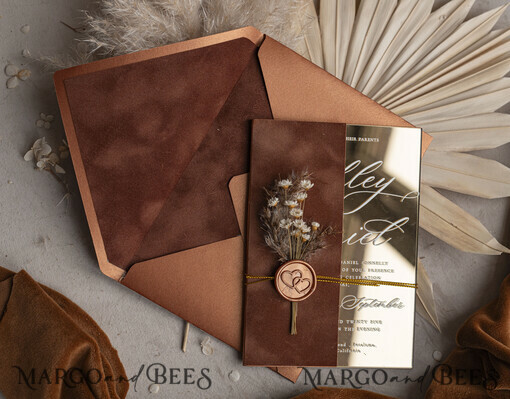 WEDDING INVITATIONS plexi acrylic mirror Fall Mirror gold Wedding Invitations, Elegant Terracotta Wedding Cards, Burnt orange Acrylic  Wedding Invites, Mirror Gold Plexi Wedding Invitation Suite