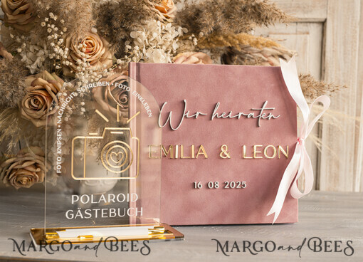 WEDDING GUEST BOOKS Hochzeitsgästebuch Hochzeitsfoto-Gästebuch Polaroid Gold Acrylic Hochzeitsgästebuch Personalisiert Schilderset Samtweißes Sofort-Fotobuch Boho Elegant Instax Hochzeitsfoto-Gästebuch