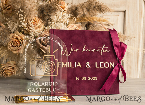 WEDDING GUEST BOOKS Hochzeitsgästebuch Hochzeitsfoto-Gästebuch Polaroid Gold Acrylic Hochzeitsgästebuch Personalisiert Schilderset Samtweißes Sofort-Fotobuch Boho Elegant Instax Hochzeitsfoto-Gästebuch