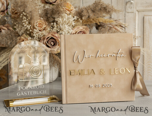WEDDING GUEST BOOKS Hochzeitsgästebuch Hochzeitsfoto-Gästebuch Polaroid Gold Acrylic Hochzeitsgästebuch Personalisiert Schilderset Samtbeige Sofort-Fotobuch Boho Elegant Instax Hochzeitsfoto-Gästebuch