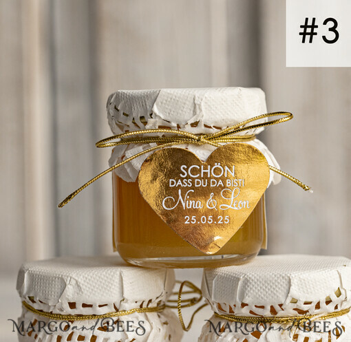 WEDDING FAVORS Gastgeschenke Hochzeit Kleine personalisierte Gastgeschenkgläser mit Blütenhonig, Gastgeschenke Hochzeit Honig, Honiggeschenkglas mit Honig, handgemachte Gastgeschenke zur Hochzeit.
