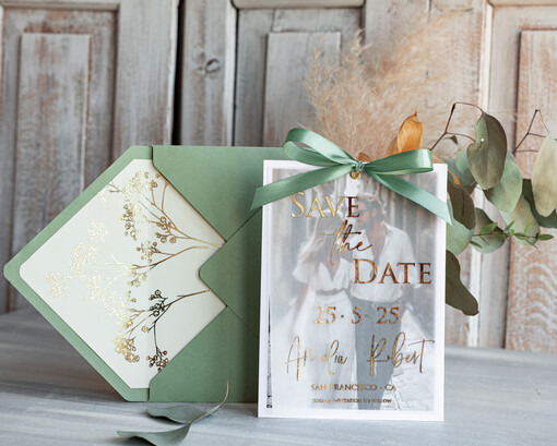 SAVE THE DATES photo vellum plexi  Sage green  Save the Date Cards with Photo, Baby breath lowers Save Our Dates with Photo Gold Foil Calendar Cards 