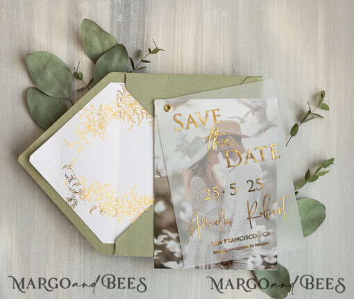 SAVE THE DATES photo vellum plexi  sage green Gold eucalyptus Save the Date Cards with Photo, Vellum Save Our Dates with Photo Gold Foil Calendar Cards 
