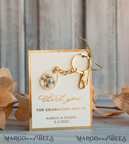 WEDDING FAVORS Resin Custom Resin Keychain Wedding Favors For Guests in bulk Custom Resin forget me not and baby breath flower  Keychain, Golden personalised Thank you gifts Teardrop Keychain with Gold-Plated Stainless Steel Hardware