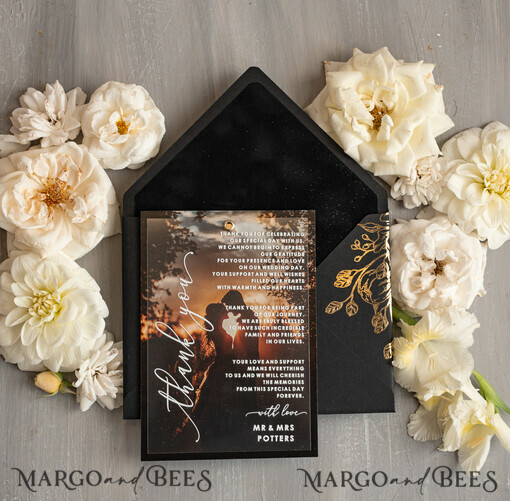 THANK YOU CARDS photo gold vellum plexi Plexi Wedding Photo Thank You Cards, velvet black Wedding Thank You Cards with Photo, Minimalist Thank You Cards Wedding