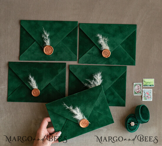 WEDDING INVITATIONS Velvet Envelopes  Emwrald Gold Velvet envelopes for invitations, a7 Vhandmade velvet Envelopes fo Wedding cards 07/vel/envA7