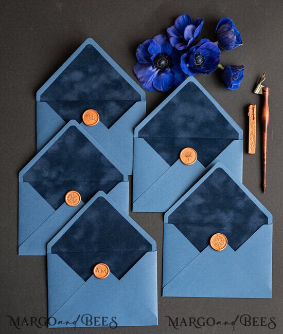 WEDDING INVITATIONS Velvet Envelopes  navy envelopes for invitations with velvet liners, a7 handmade  Envelopes with velvet liner for Wedding cards 02/velL/envA7