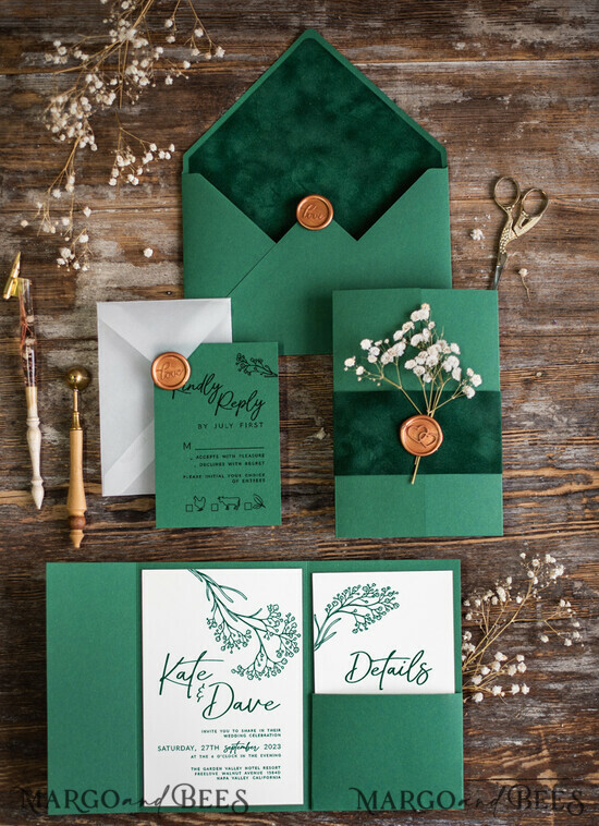 WEDDING INVITATIONS rustic / country / shabby chick Emerald Green wedding Invitation suite, Greenery Velvet invitations set, Modern boho invites set with real baby breath flowers  02/rusGvel/z