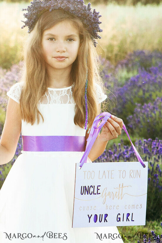 FLOWER GIRL / Page Boy SIGNS wood too late to run uncle cause here she comes Personalised wooden wedding sign, Wooden Page boy sign, Wood Engraved flower girl sign, flower girl wedding day sign, rustic wedding decor for flower girl, daddy here comes mummy, here comes the bride 101/dr/tabl