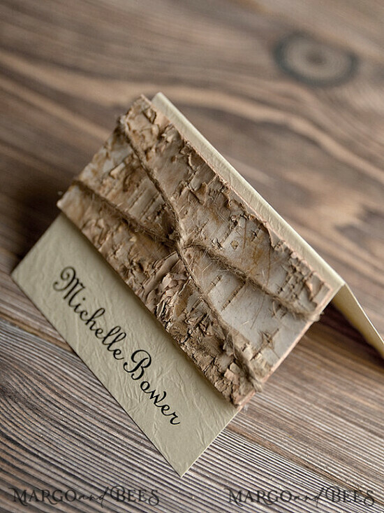 PLACE CARDS / TABLE CARDS Rustic Eco Wedding Place cards Rustic Wedding Place Card with Bark and Natural Burlap Twine, Simple Ivory Wedding Name Tag, Unique Place Tags for Romantic Wedding, Custom Escort Cards 033/rus/w