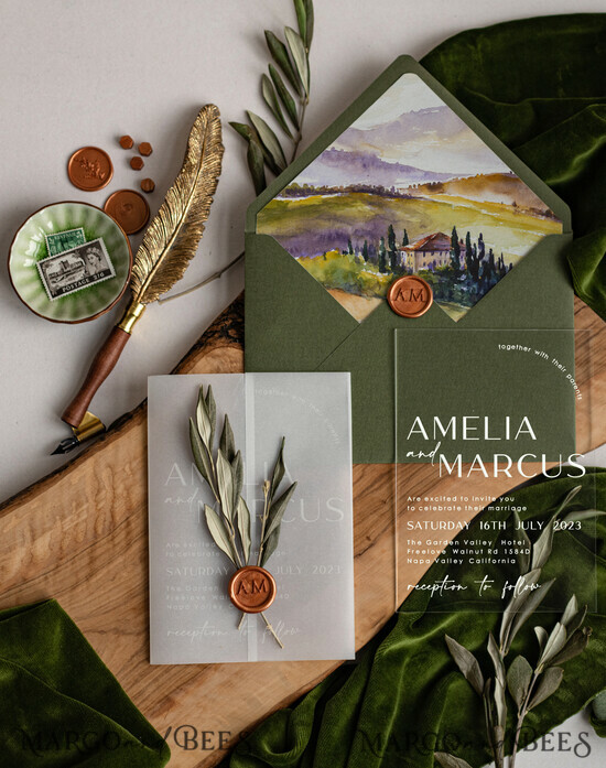WEDDING INVITATIONS floral / boho / watercolor Tuscany Acrylic Wedding invitations with Rsvp, Fine Art Plexi Glass real olive branch Wedding Invitation suite, Vellum Wax Seal Olives Invites, Greece Wedding Cards  12/ACGNM/z