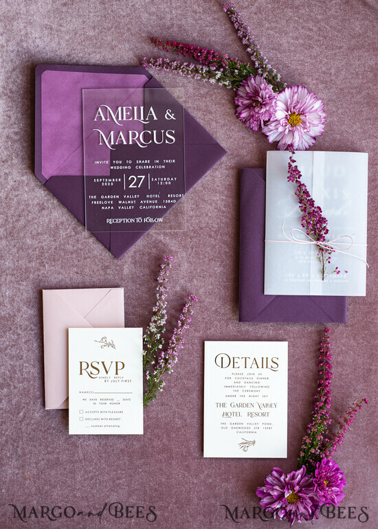 WEDDING INVITATIONS floral / boho / watercolor Heather Acrylic Wedding invitations set, Boho Plum Fall Wedding Invitation Suite,  Plexi Elegant bohemian Wedding Stationery Minimalistic Wedding Invites 02/AGNboho/z