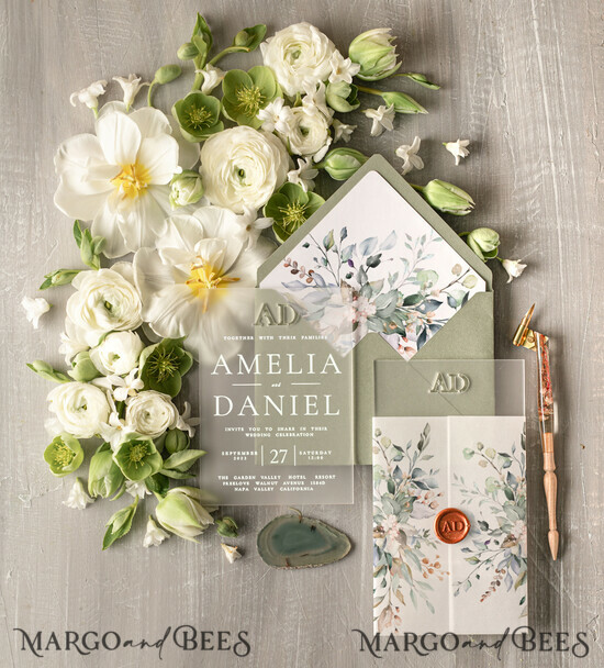 WEDDING INVITATIONS floral / boho / watercolor Stylish Sage Green Acrylic wedding invitation, Elegant Frozen Acryl Green Wedding Invitations • Sage Green Modern Wedding Invitation Suite • Luxury Greenery wedding Cards 01/ACGNM/z