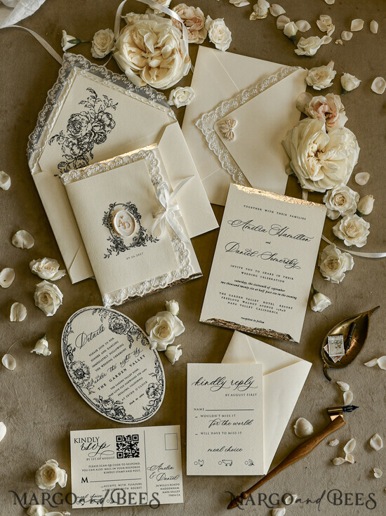 WEDDING INVITATIONS vintage lace/ rustic lace Personalized Golden Wedding invitations Vintage Lace wedding Cards 02/laceTR/z