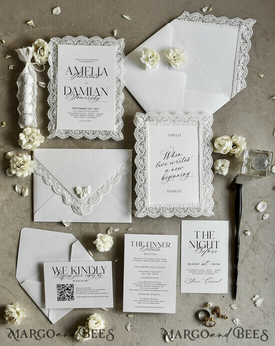 WEDDING INVITATIONS vintage lace/ rustic lace Personalized Golden Wedding invitations Vintage Lace Invites off white 08/laceD/z