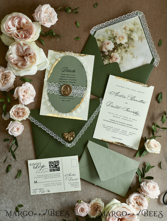 WEDDING INVITATIONS vintage lace/ rustic lace ivory lace Personalized Golden Wedding invitations Vintage Lace Invites golden 04/laceSer/z