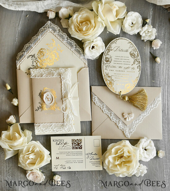 WEDDING INVITATIONS vintage lace/ rustic lace Personalized Golden Wedding invitations Vintage Lace wedding Cards with tassel & rsvp 03/laceTRg/z