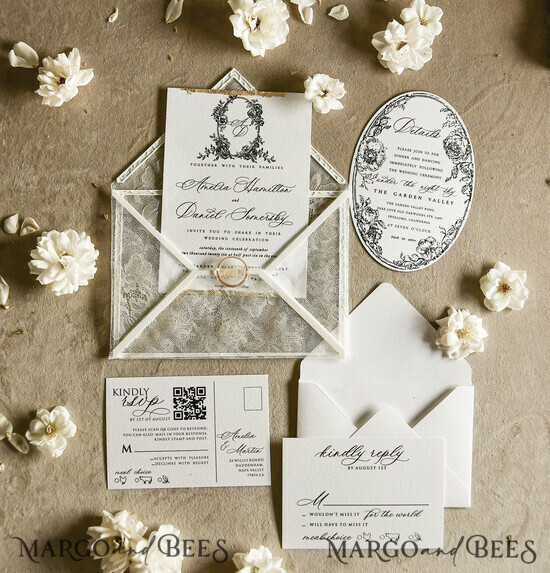 WEDDING INVITATIONS vintage lace/ rustic lace Luxury French Lace Wedding Invitations Elegant Ivory  baroque Wedding Invitation Suite 02/lacenvD/z
